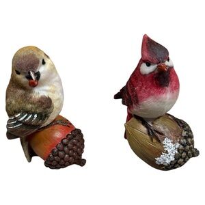 Cardinal & Finch Bird Acorn Figurines Set Hand Painted‎ Resin Fall Winter Decor